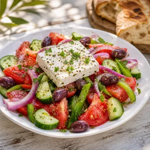 Finished Greek village salad with feta, olives, herbs, olive oil, and crusty bread