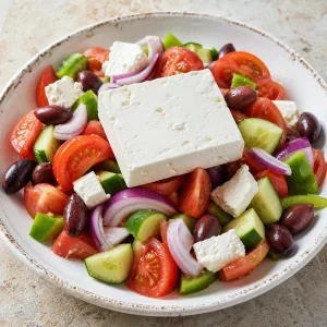 Greek village salad vegetables with Kalamata olives and a block of feta