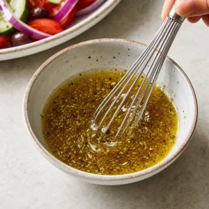 Olive oil, red wine vinegar, oregano, salt, and pepper whisked in a bowl