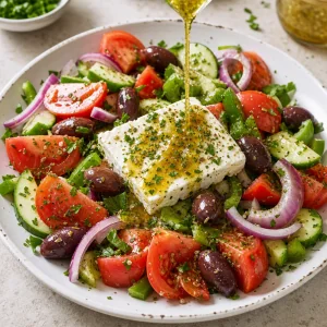 Oregano olive oil dressing drizzled over Greek village salad with feta
