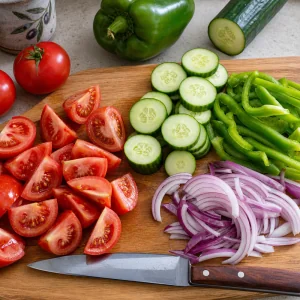 Quartered tomatoes, cucumber rounds, green pepper, and red onion on a cutting board