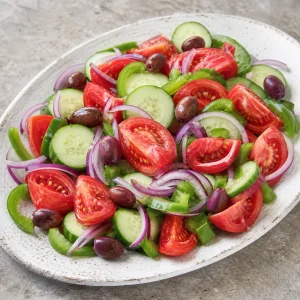 Tomatoes, cucumber, green pepper, red onion, and Kalamata olives arranged on a platter