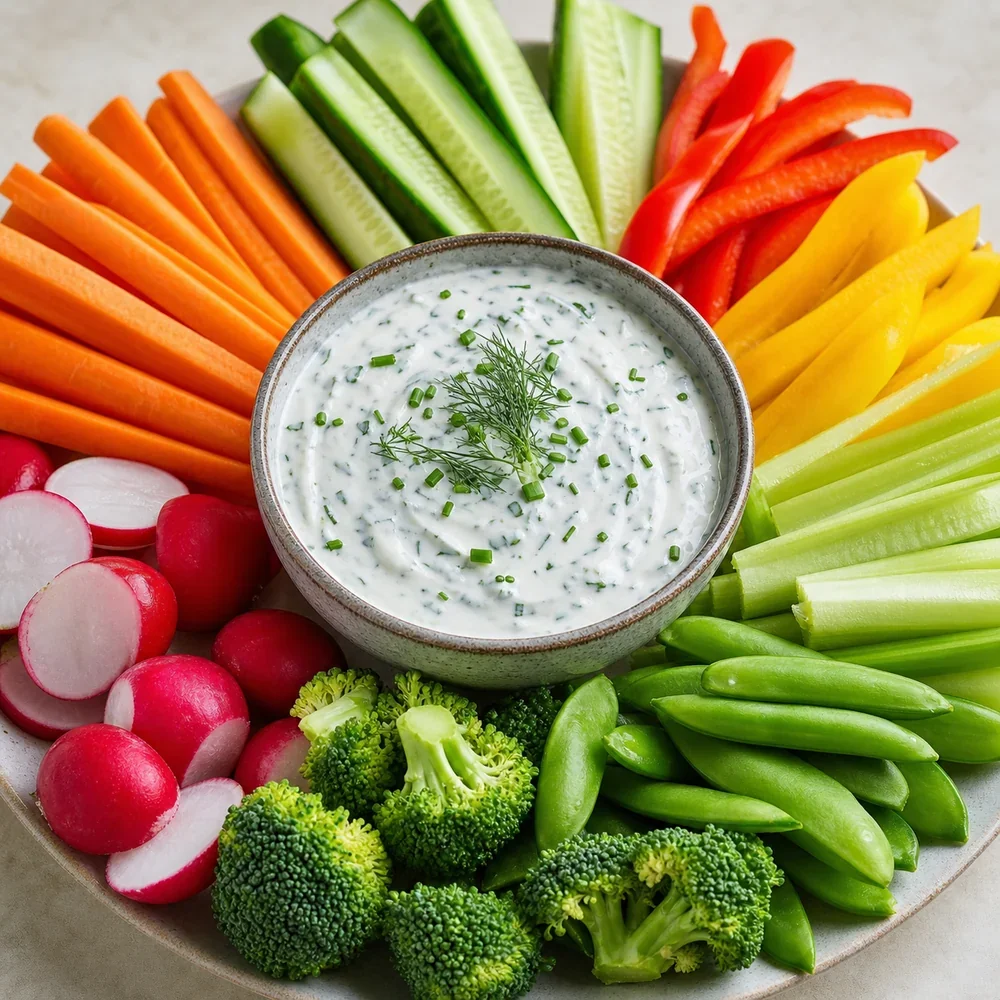 Ranch-Dip mit griechischem Joghurt, umgeben von frischem Gemüse