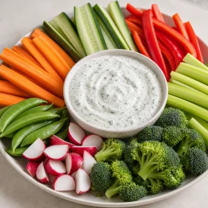Servierschale mit Ranch-Dip und angerichtetem frischem Gemüse