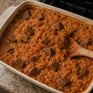 Beef and orzo baking in tomato sauce in a rectangular dish