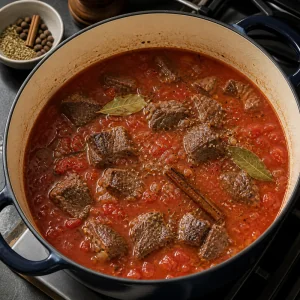 Browned beef simmering in tomato sauce with cinnamon stick and bay leaves