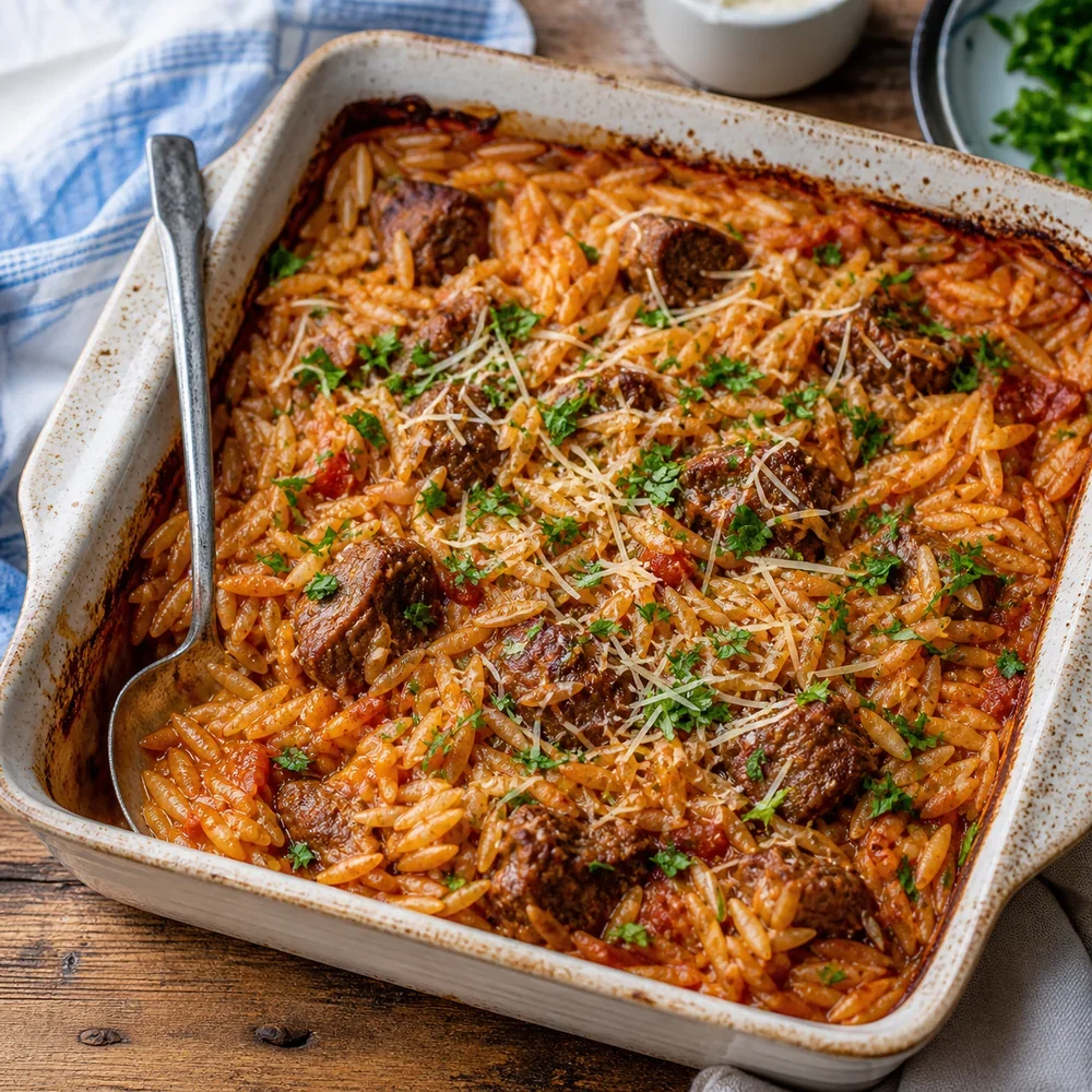 Finished Greek beef youvetsi with orzo, tomato sauce, grated cheese, and parsley