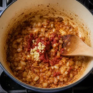 Onion, garlic, and tomato paste cooking with browned bits in a Dutch oven