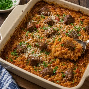 Rested beef youvetsi topped with grated cheese and parsley