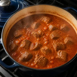 Tomato beef sauce simmering in a Dutch oven before braising