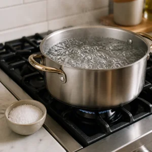 Una olla con agua hirviendo y un cuenco de sal al lado.