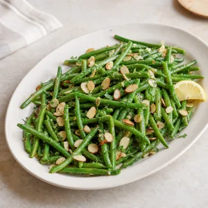 Finished green bean almondine with toasted almonds and lemon.