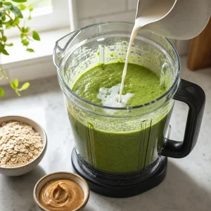 Almond milk poured into a blender jar of thick green smoothie
