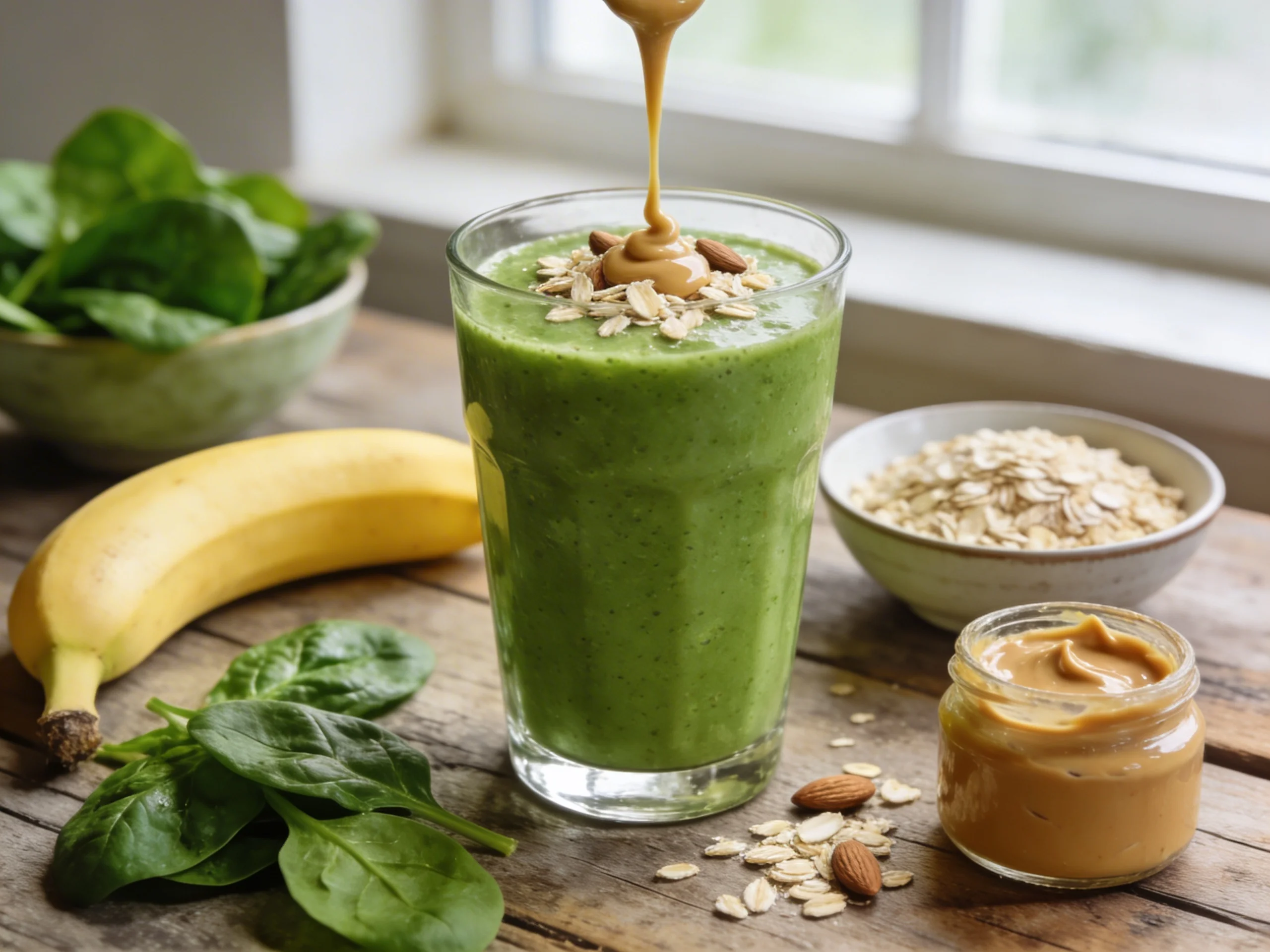 Green Power Energy Smoothie with Oats and Almond Butter