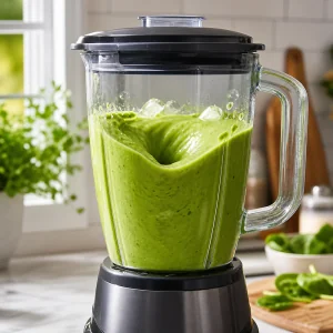 Green smoothie blending in a lidded blender until creamy