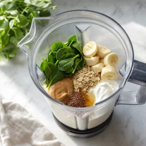 Spinach, banana, oats, yogurt, almond butter, flaxseed, and honey in a blender
