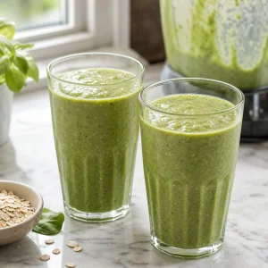 Two glasses filled with freshly blended green smoothie