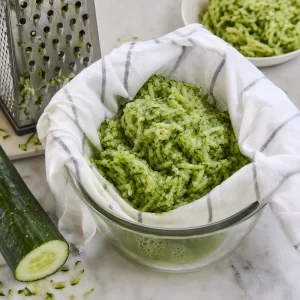 Grated cucumber draining in a kitchen towel