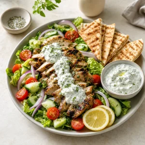 Grilled chicken gyro salad with tzatziki and pita wedges