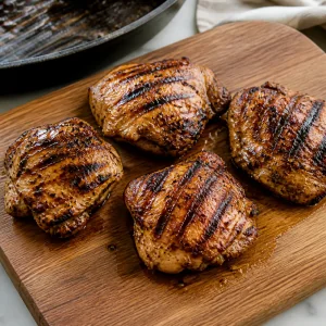 Grilled chicken thighs resting on a cutting board