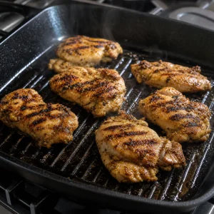 Marinated chicken thighs cooking in a grill pan
