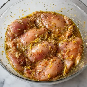 Raw chicken thighs coated in lemon garlic oregano marinade