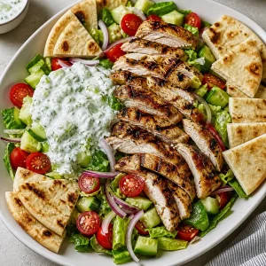 Sliced grilled chicken arranged on gyro salad with tzatziki