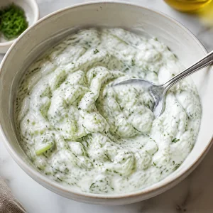 Thick cucumber dill tzatziki in a bowl