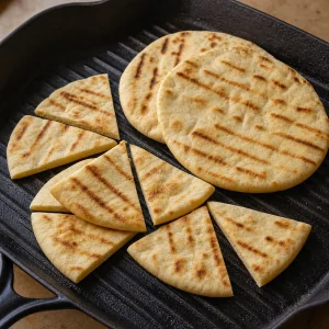 Toasted pita breads cut into wedges in a grill pan
