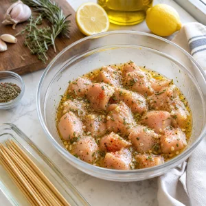 Chicken cubes marinating in lemon herb olive oil with soaked wooden skewers nearby