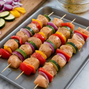 Raw marinated chicken and vegetables threaded onto wooden skewers with small gaps