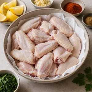 Ali di pollo crude asciugate in una ciotola grande