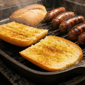 Buttered rolls toasting beside grilled chorizo