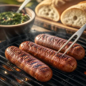 Chorizo links browning on a hot grill