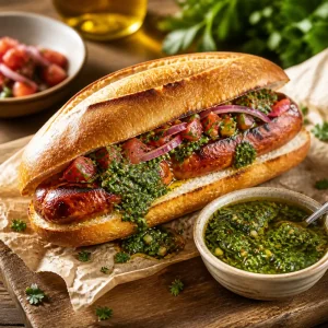 Finished choripan with chimichurri on the side