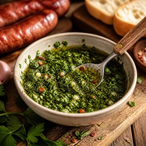 Fresh chimichurri stirred in a bowl