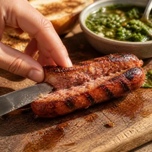 Grilled chorizo split lengthwise on a board