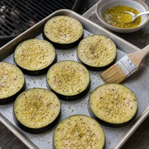 Fette di melanzana spennellate con olio all'aglio e condite