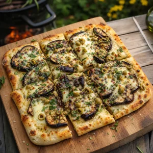 Pizza a la parrilla terminada con berenjena y aceitunas sobre una tabla