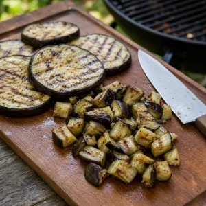 Melanzana grigliata con segni scuri tagliata su un tagliere