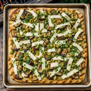 Base di pizza grigliata con melanzane, provolone, olive e prezzemolo