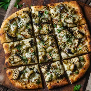 Pizza grigliata con melanzane e olive tagliata e pronta da servire