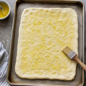 Impasto per pizza steso e spennellato con olio all'aglio su una teglia