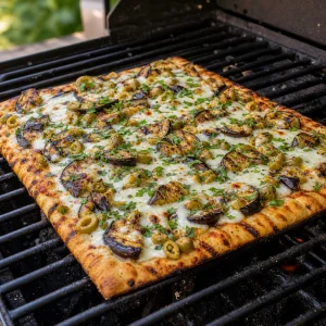 Pizza con melanzane e olive in cottura sulla griglia