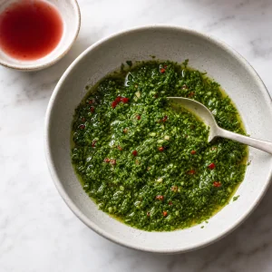 Bol de chimichurri avec vinaigre de vin rouge à côté