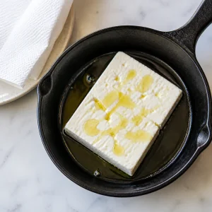 Bloc de feta dans une poêle en fonte avec huile d’olive