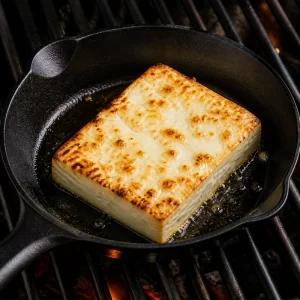 Feta chaude dorant dans une poêle en fonte sur le gril