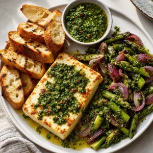 Feta grillée chaude servie avec baguette et chimichurri d’asperges