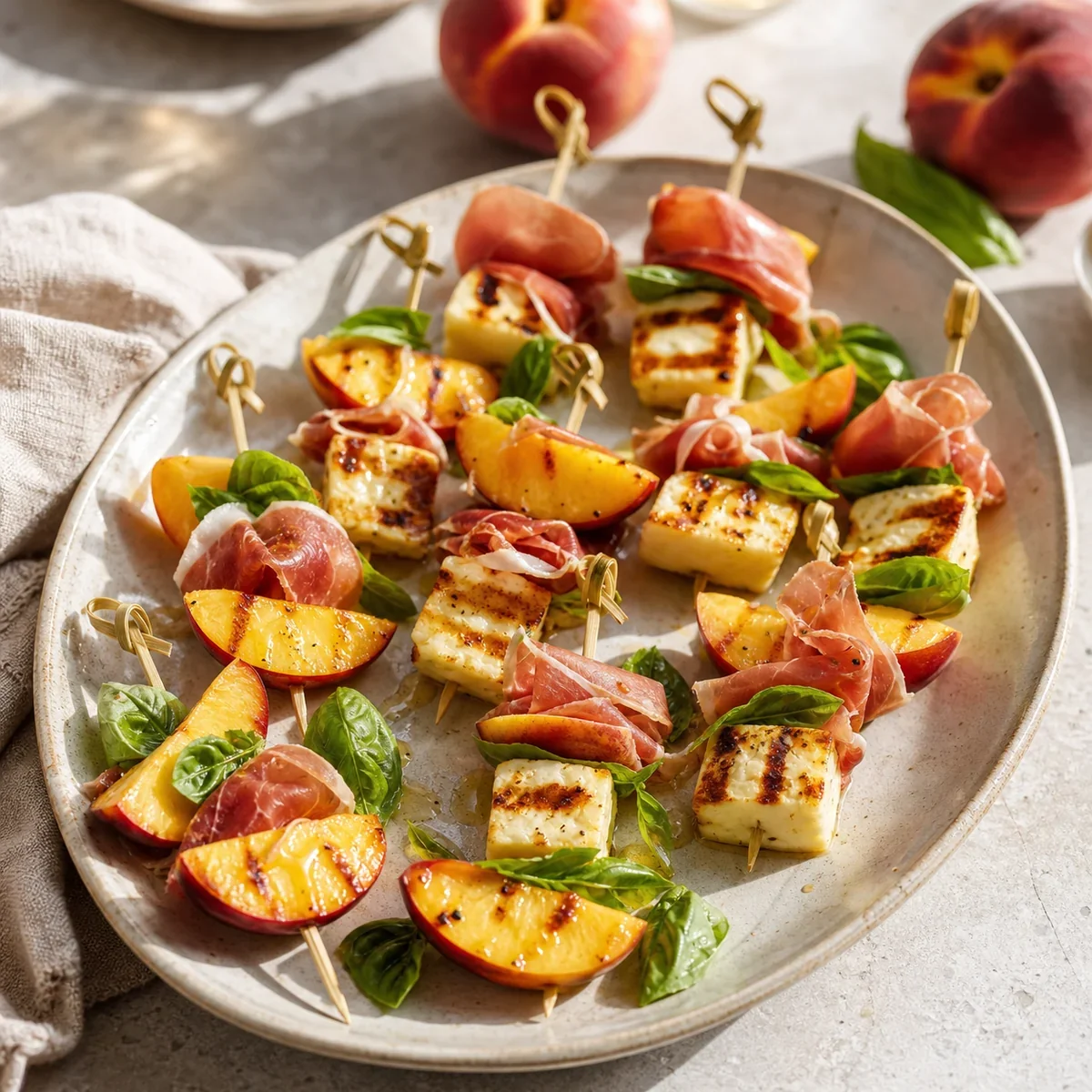 Spiedini di halloumi, pesca e prosciutto con basilico
