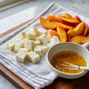Halloumi e pesca accanto a una ciotola di glassa al miele e limone